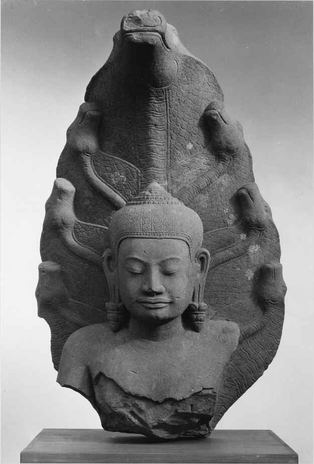 Stone sculpture of the Buddha in meditation, sheltered by the seven-headed naga Mucalinda, Cambodia, Angkor period, 12th–13th century CE, Metropolitan Museum of Art