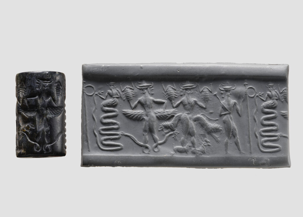 Akkadian cylinder seal depicting a snake god, ca. 2350–2150 BCE, Metropolitan Museum of Art.