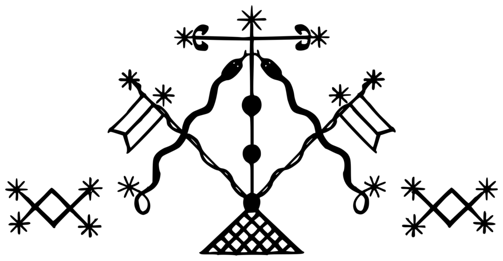 Ritual ground drawing (vèvè) of Damballah Wedo, the serpent lwa of Haitian Vodou, depicting two intertwined serpents.