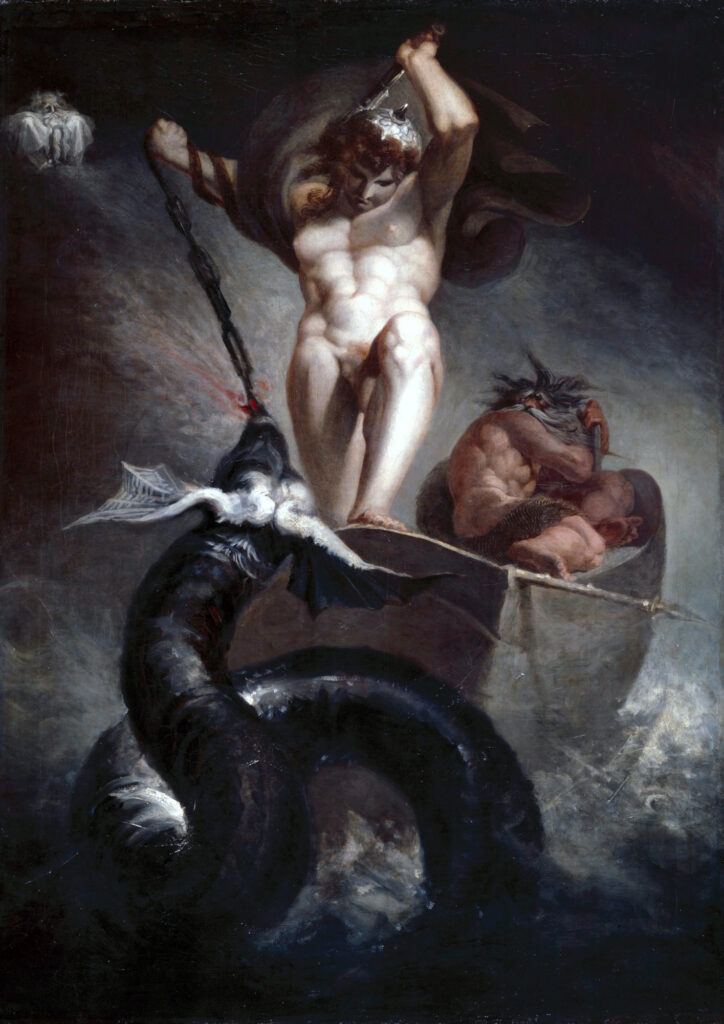 Oil painting of Thor striking the Midgard Serpent Jörmungandr with his hammer during the mythical fishing expedition, by Henry Fuseli, 1790, Royal Academy of Arts