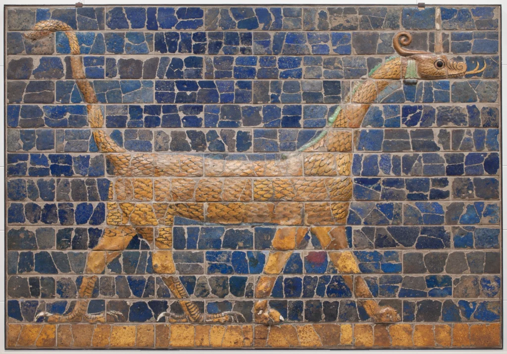 Glazed brick relief of the mushhushshu, a hybrid serpent-dragon with snake head and scales, eagle claws, lion legs, and scorpion tail, sacred to the Babylonian god Marduk, from the Ishtar Gate, ca. 604–562 BCE, Detroit Institute of Arts