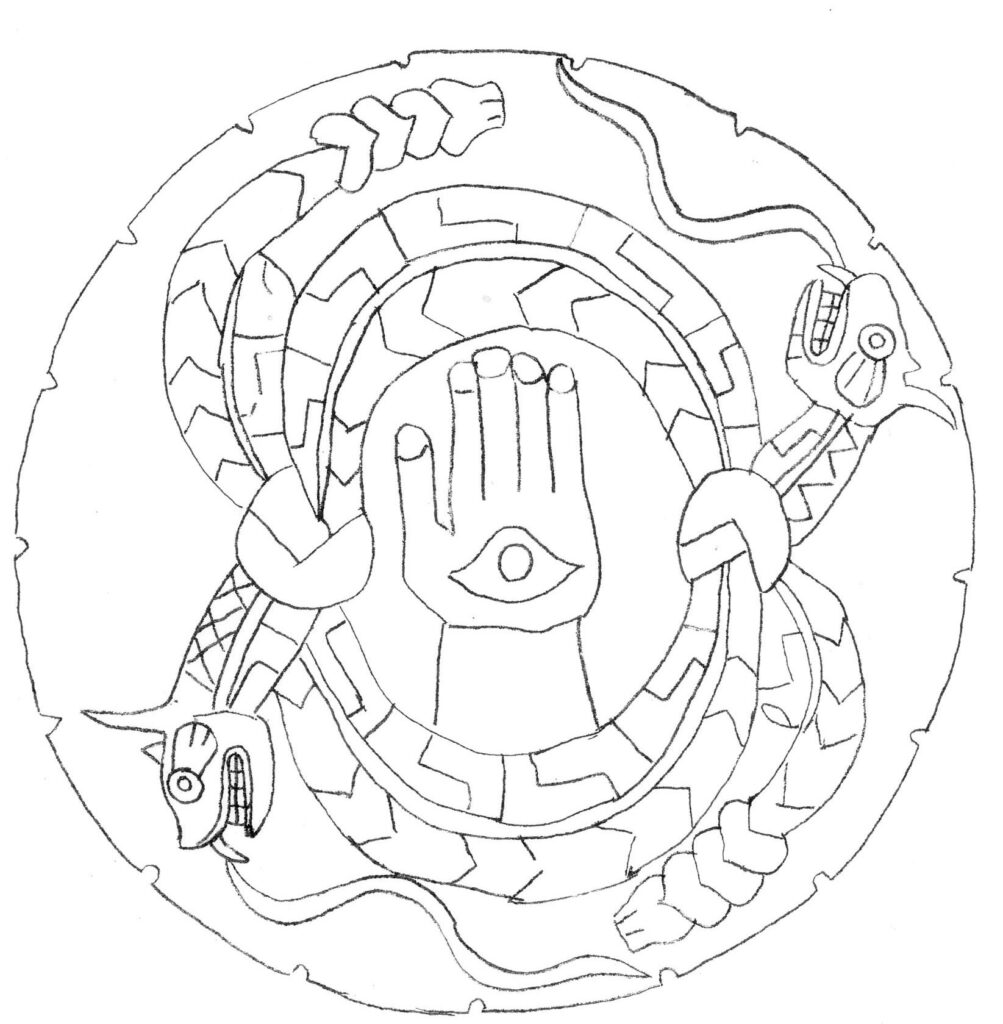 Engraved rattlesnake disk from the Moundville Archaeological Site, Alabama, Mississippian culture, reproduced from Clarence B. Moore, Moundville Revisited, 1905