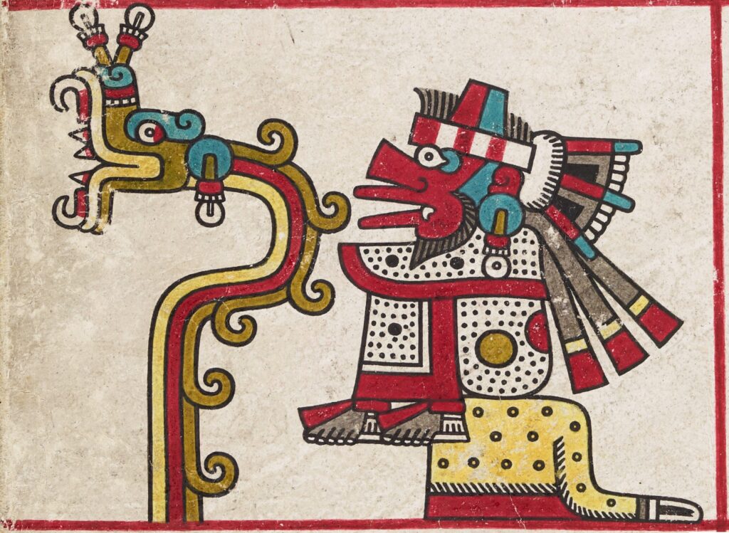 Two painted figures from the Codex Laud depicting Quetzalcoatl: on the left as a feathered serpent, on the right as the wind deity Ehecatl wearing a beak-mask. Pre-Columbian.