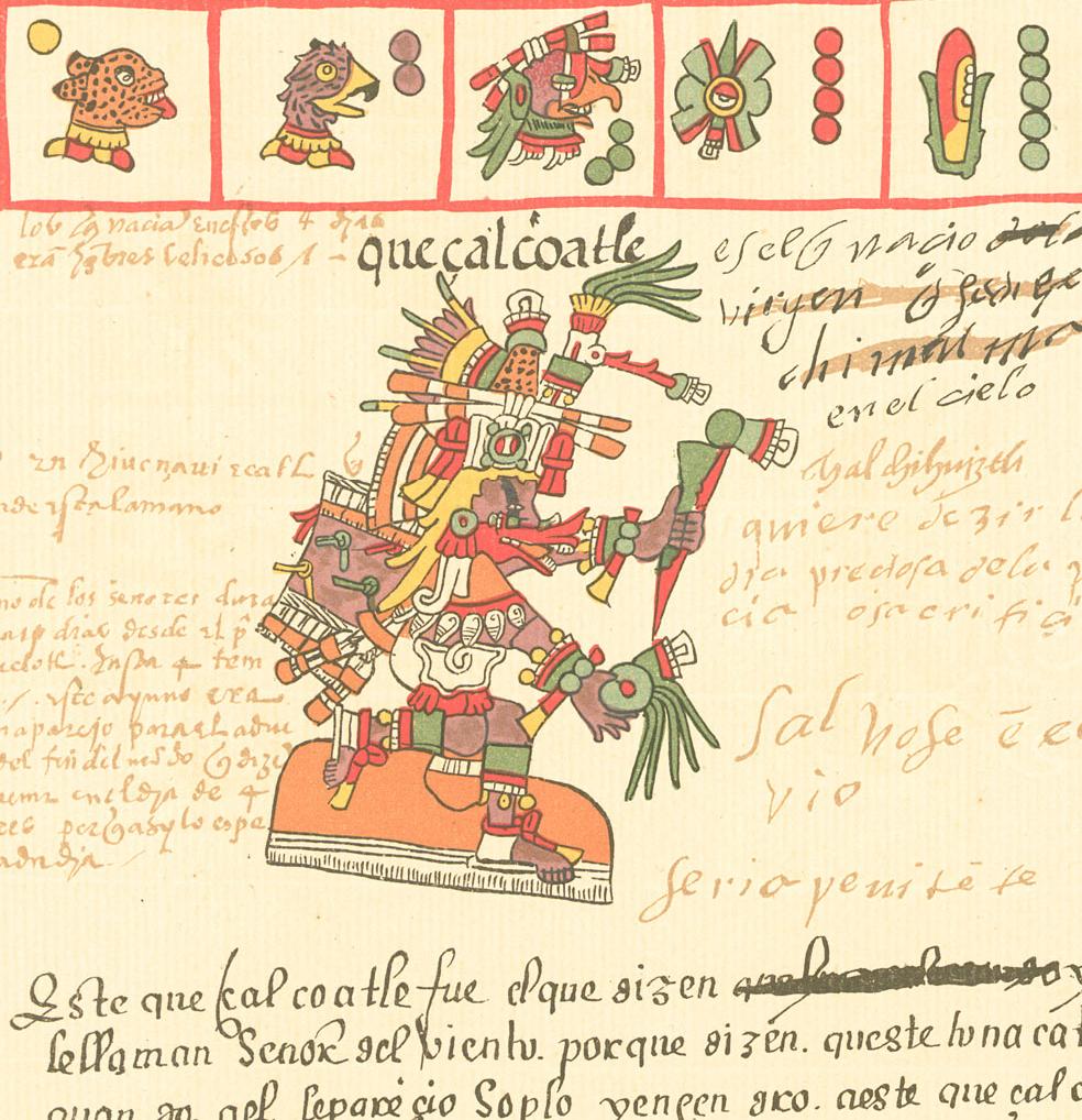 Painted figure of Quetzalcoatl as a feathered serpent, depicted in S-shaped profile in green with plumes, swallowing a human figure. Codex Telleriano-Remensis, sixteenth century.