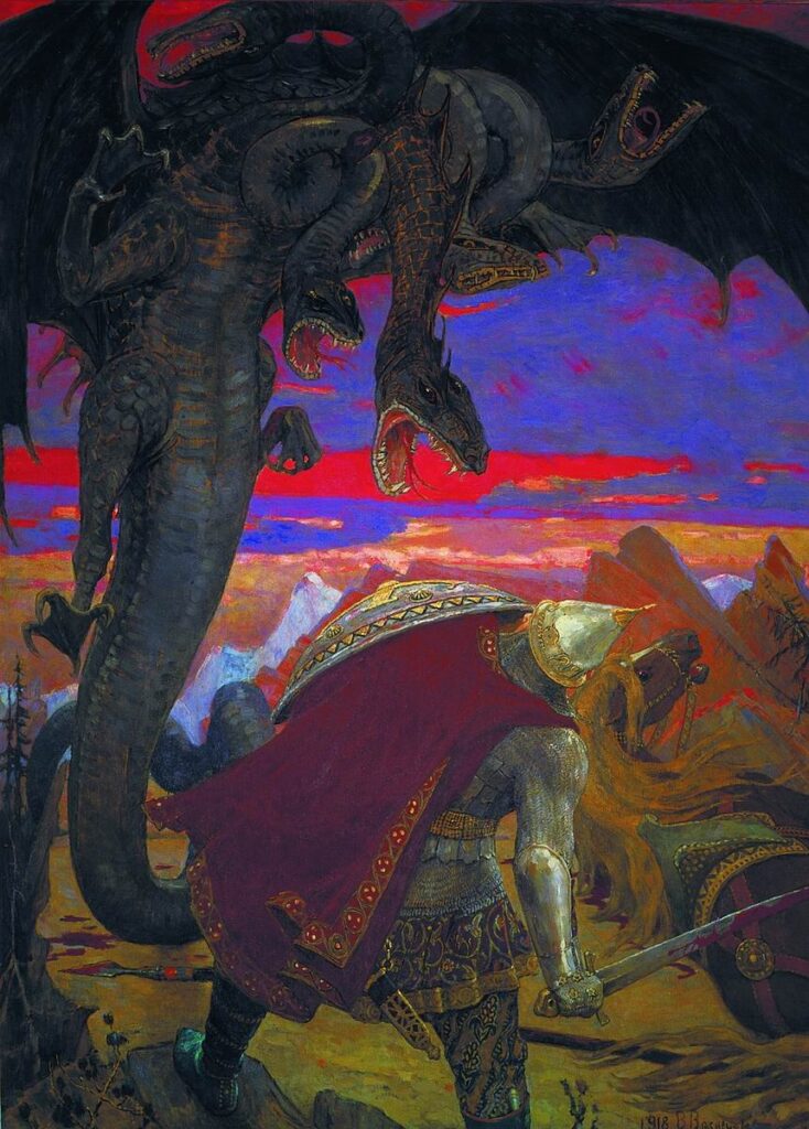 Painting by Viktor Vasnetsov of Zmey Gorynych, the multi-headed dragon-serpent of Russian folklore.