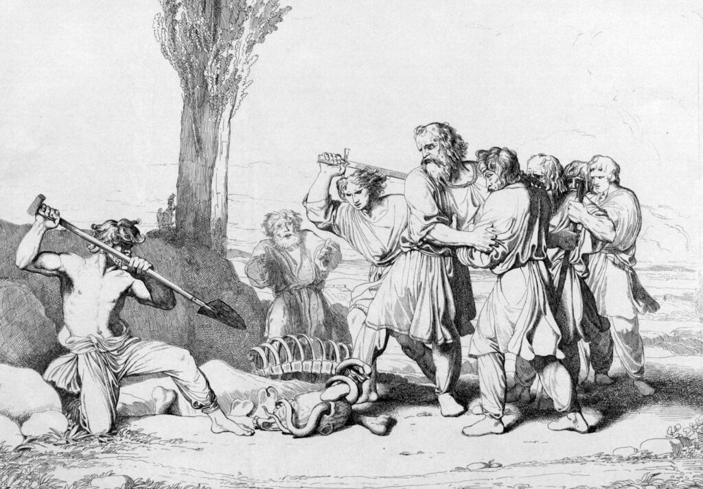 19th-century engraving showing a serpent beside the skeletal remains of a horse as armed men react around Prince Oleg.