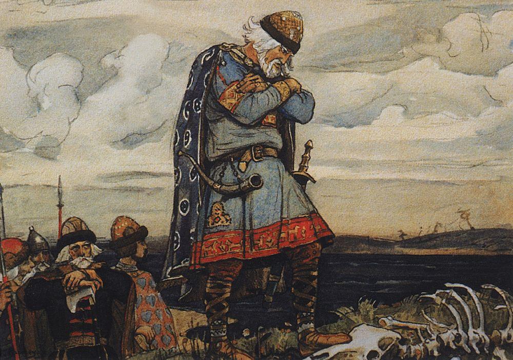 19th-century illustration of Prince Oleg of Kiev standing over his dead horse's skull, surrounded by attendants.