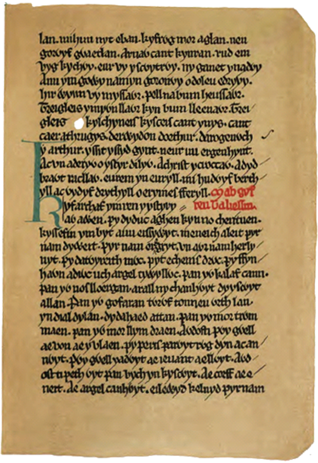 Facsimile page from a medieval Welsh manuscript, the Book of Taliesin.