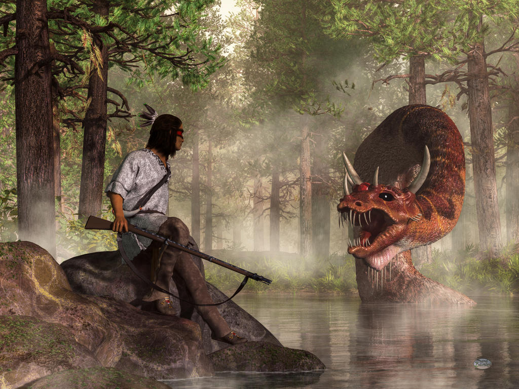 Digital rendering of the Uktena, the horned water serpent of Cherokee and Creek tradition, depicted as a giant scaled snake with horns and a crystal in its forehead, by Daniel Eskridge, 2014