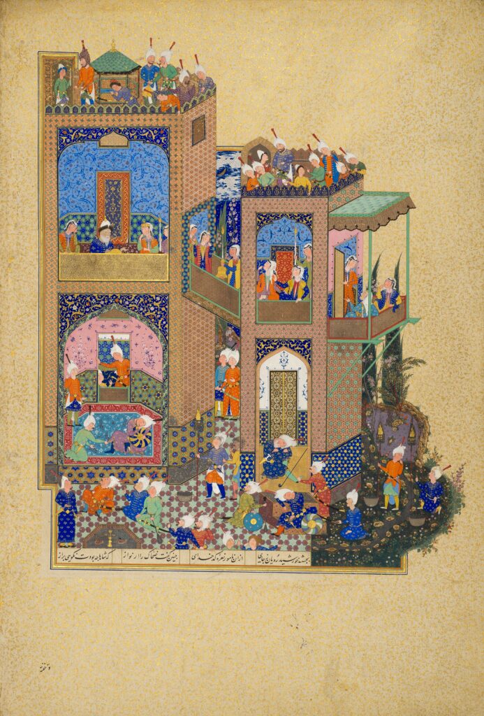 Persian miniature painting showing King Zahhak seated with attendants, recounting a dream, Tabriz, c. 1525–1535.