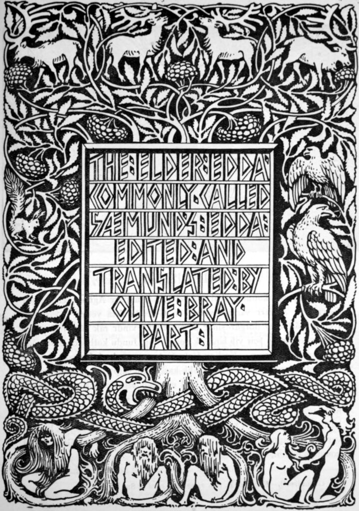 Illustration of the Norse world tree Yggdrasil with the squirrel Ratatoskr, four stags, and the serpent Níðhöggr gnawing at the roots.