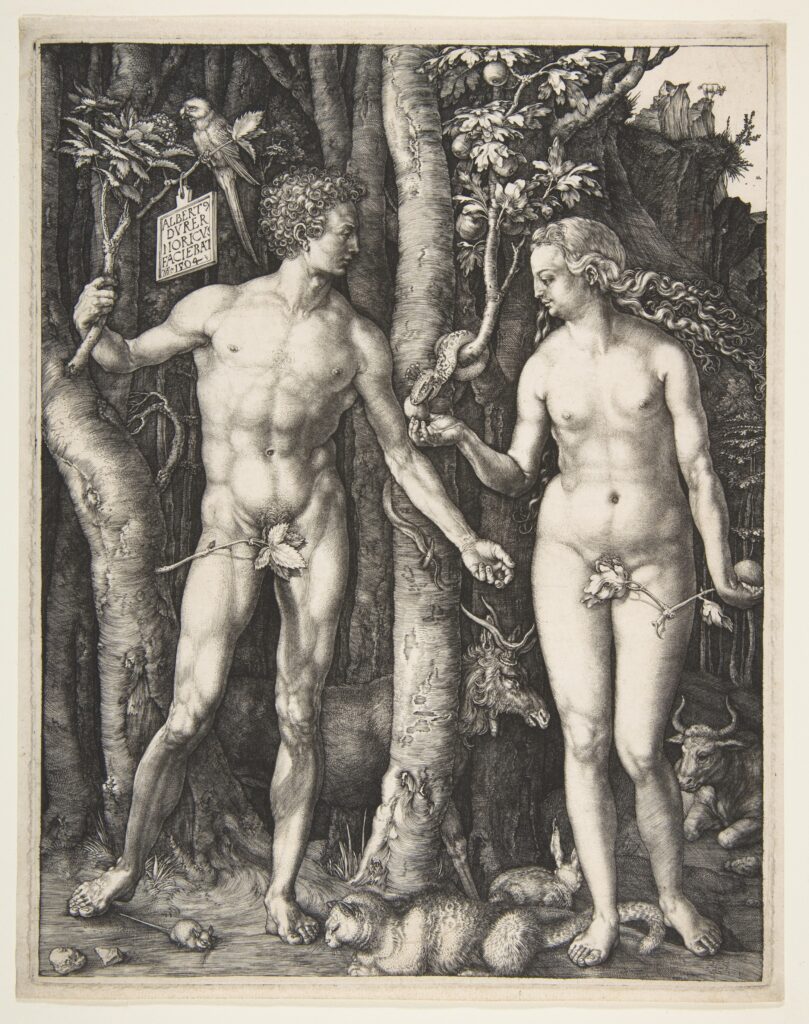 Engraving by Albrecht Dürer, 1504, showing Adam and Eve beside the Tree of Knowledge with a serpent coiled around the trunk.
