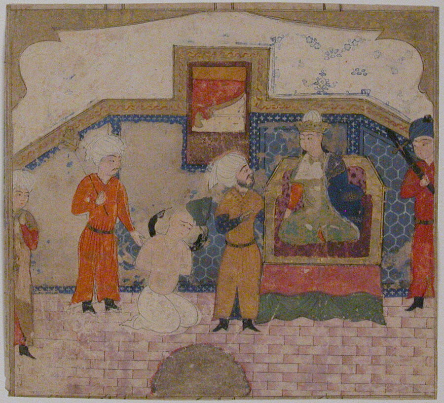 Illuminated manuscript page showing the bound tyrant Zahhak led before King Faridun, Shiraz, late 15th century.