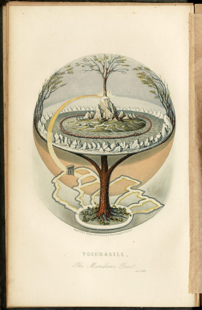 Engraving of the Norse world tree Yggdrasil with the rainbow bridge Bifröst above and several small serpents coiled among the roots below.