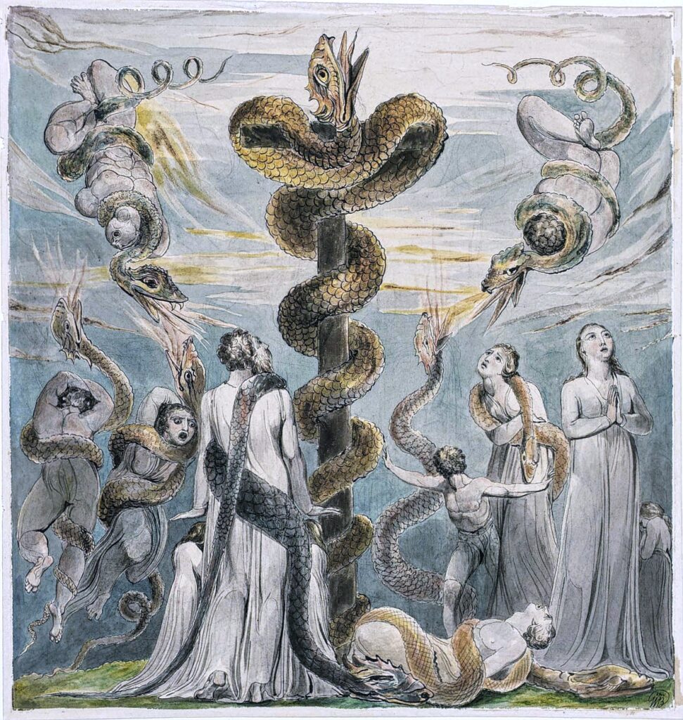 Watercolor by William Blake showing Moses raising the bronze serpent on a pole before the Israelites.