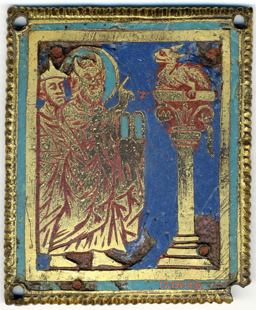 Medieval champlevé enamel plaque, ca. 1200, showing Moses and Aaron with the bronze serpent raised on a pole.
