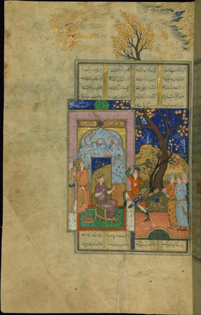 Manuscript painting showing Faridun striking Zahhak with an ox-headed mace.