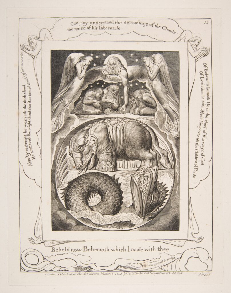 Engraving by William Blake, 1825–26, showing God pointing out the monsters Behemoth and Leviathan to Job.