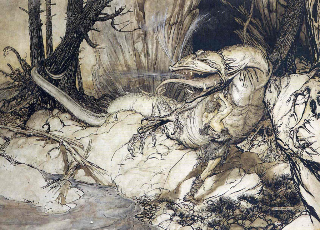 Early 20th-century illustration of Siegfried driving his sword into the dragon Fafner.
