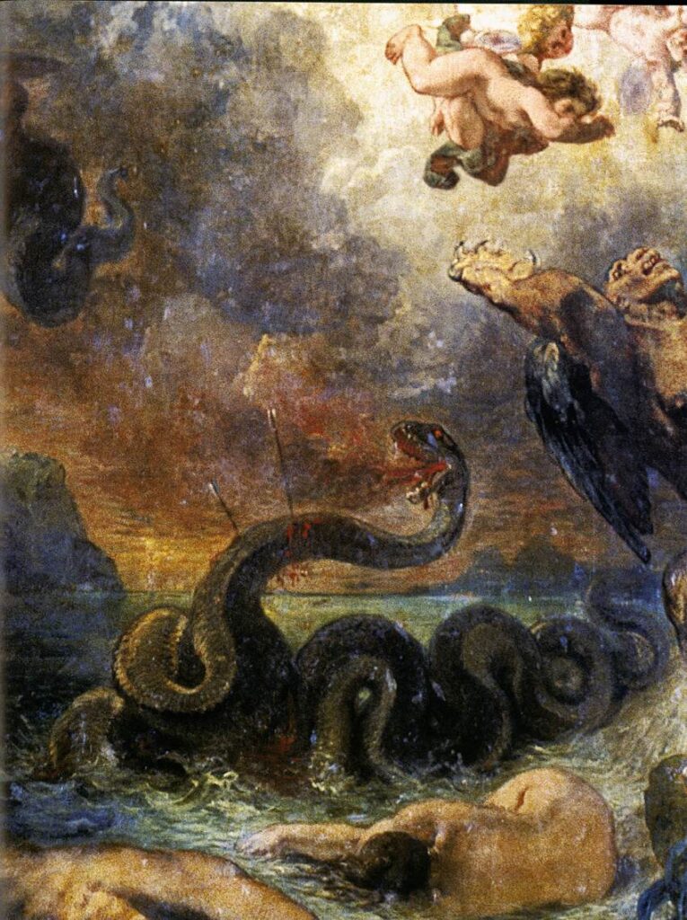Detail of Eugène Delacroix's 1850–51 ceiling painting showing Apollo slaying the serpent Python, Galerie d'Apollon, Louvre.