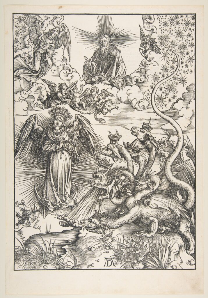 Woodcut by Albrecht Dürer, 1511, showing the woman clothed with the sun confronted by the seven-headed dragon of Revelation 12.