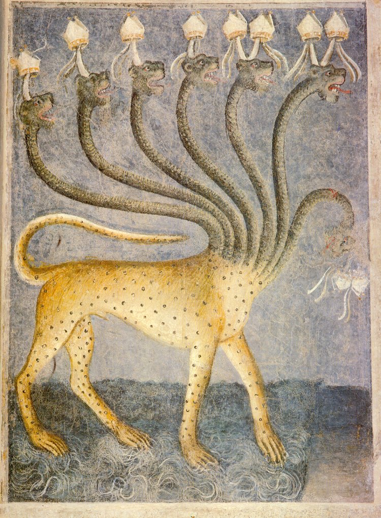 Fresco by Giusto de' Menabuoi, 1376–78, showing the woman clothed with the sun and the seven-headed dragon of Revelation 12, Padua Baptistery.