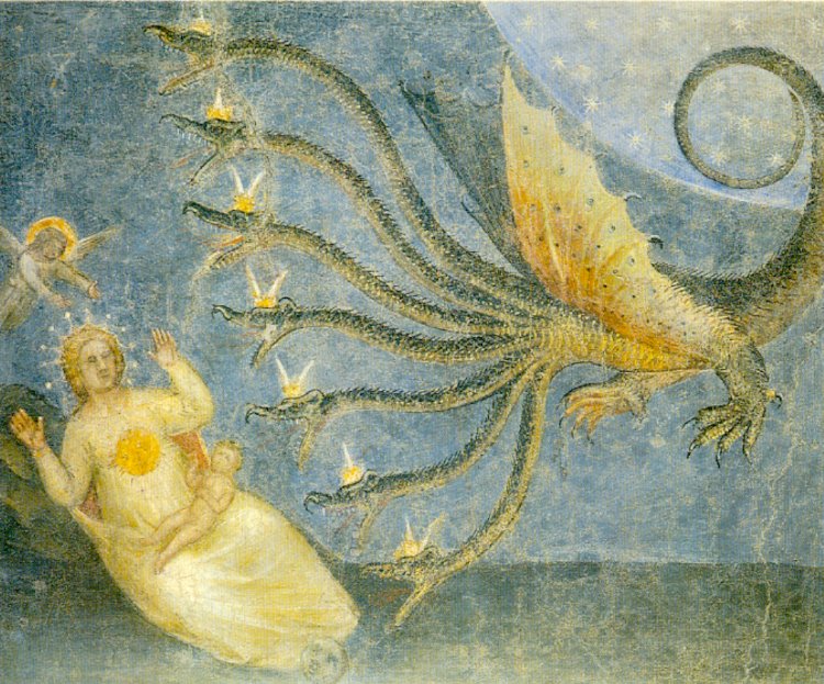 Fresco by Giusto de' Menabuoi, 1376–78, showing the seven-headed beast of Revelation 13 rising from the sea, Padua Baptistery.