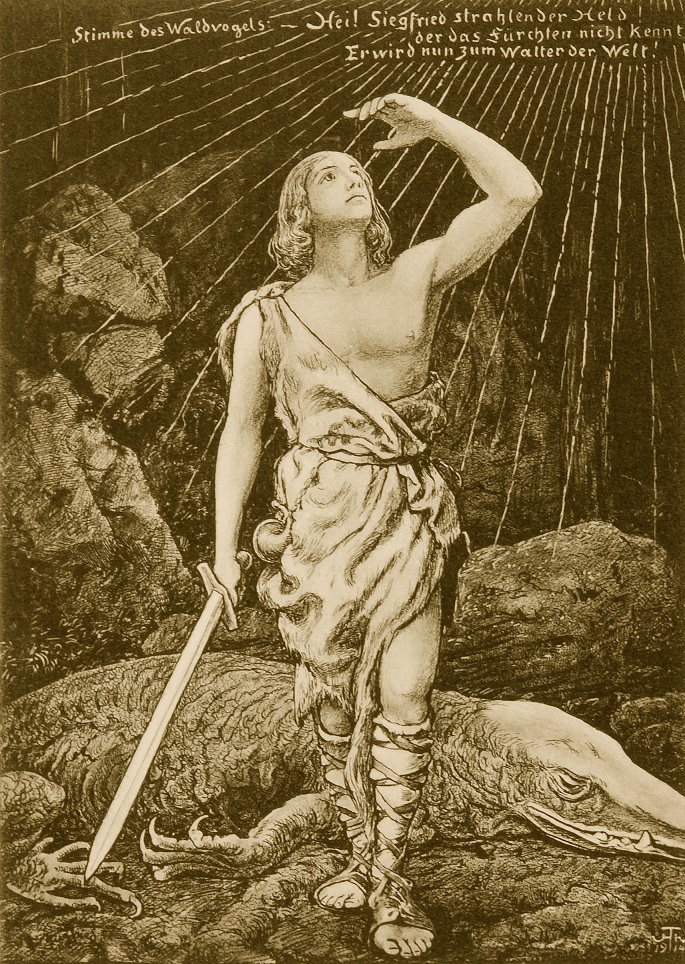 1914 German propaganda postcard by Hans Thoma, showing Siegfried thrusting his sword into the dragon.