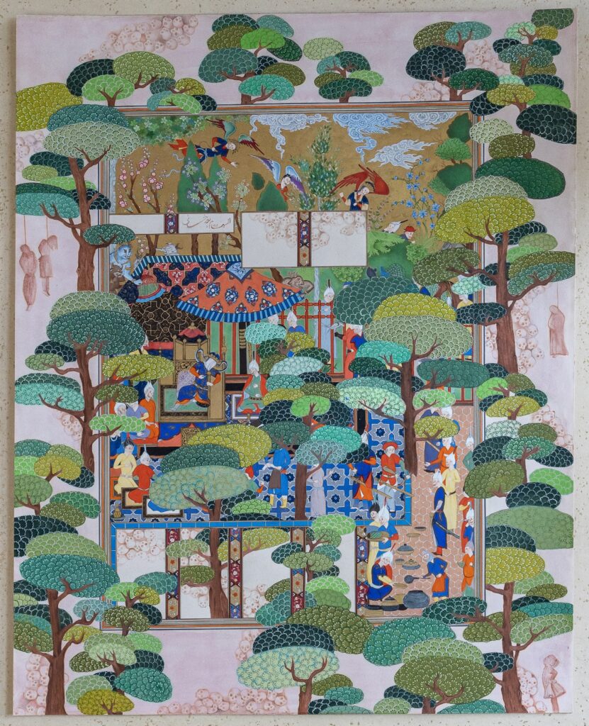 Contemporary Persian miniature-style painting titled "Zahhak's Castle Is Calm" by Elham Pourkhani, 2023, watercolor, gouache and gold leaf on paper.