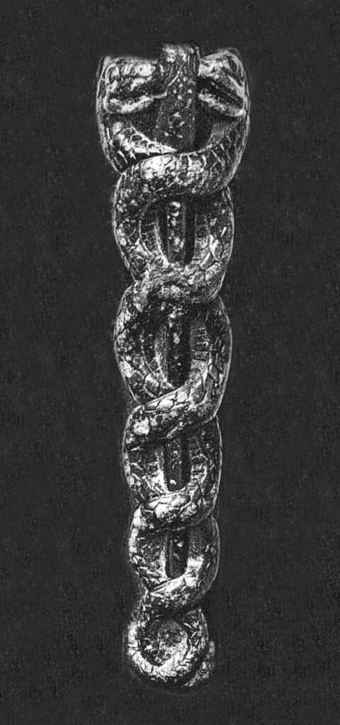 ancient stone vase showing two serpents intertwined around a central staff, flanked by two horned dragons.