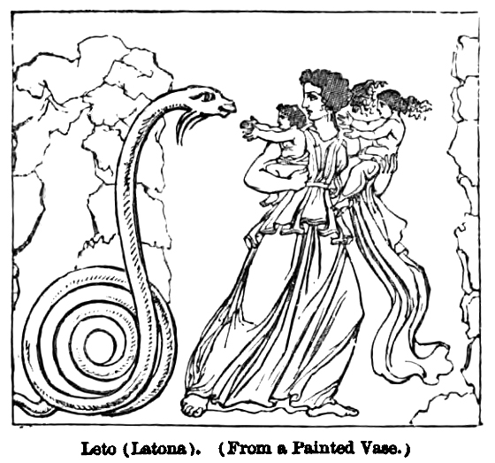 Nineteenth-century wood engraving, after an ancient Greek vase painting, showing Leto and her children confronting the serpent Python.