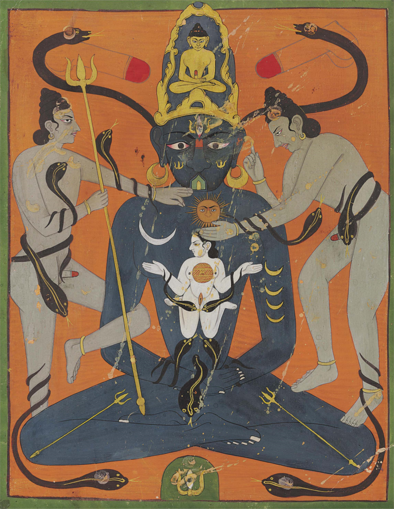 18th-century Indian painting of a human figure with a serpent coiled along the body.